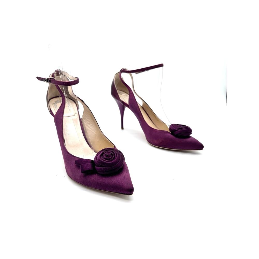 Vintage Christian Dior Galliano Era Plum Satin Rose Flower Pointed Pumps EU 40